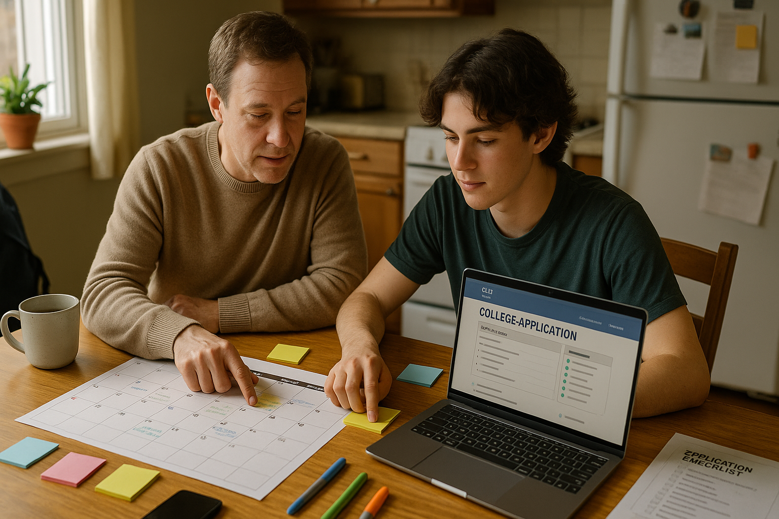 Photo Idea : A cozy kitchen table with a parent and teen working together over a printed calendar, post-it notes, and a laptop showing a college application portal.