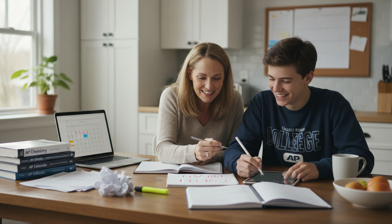 Photo Idea : A warm, candid photo of a parent and teenager sitting at a kitchen table with textbooks and a laptop, smiling as they map out a plan on a notebook. This should appear near the top of the article to set an empathetic tone.