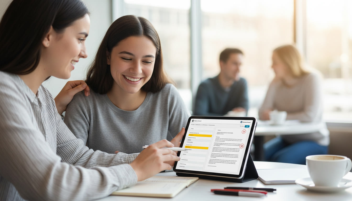 Photo Idea : A mid-article visual of a tutor (or parent) giving brief feedback to a student over a tablet showing a highlighted rubric and a scored practice essay; focus on collaboration and clarity.