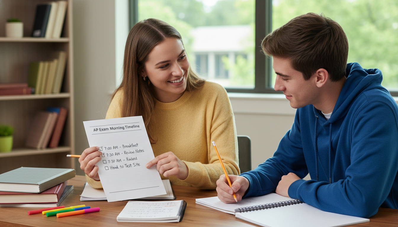 Photo Idea : A cheerful study session where a tutor and a student review an exam checklist and map out a morning timeline on a small notepad — shows Sparkl-style personalized tutoring in action without branding, warm and practical.