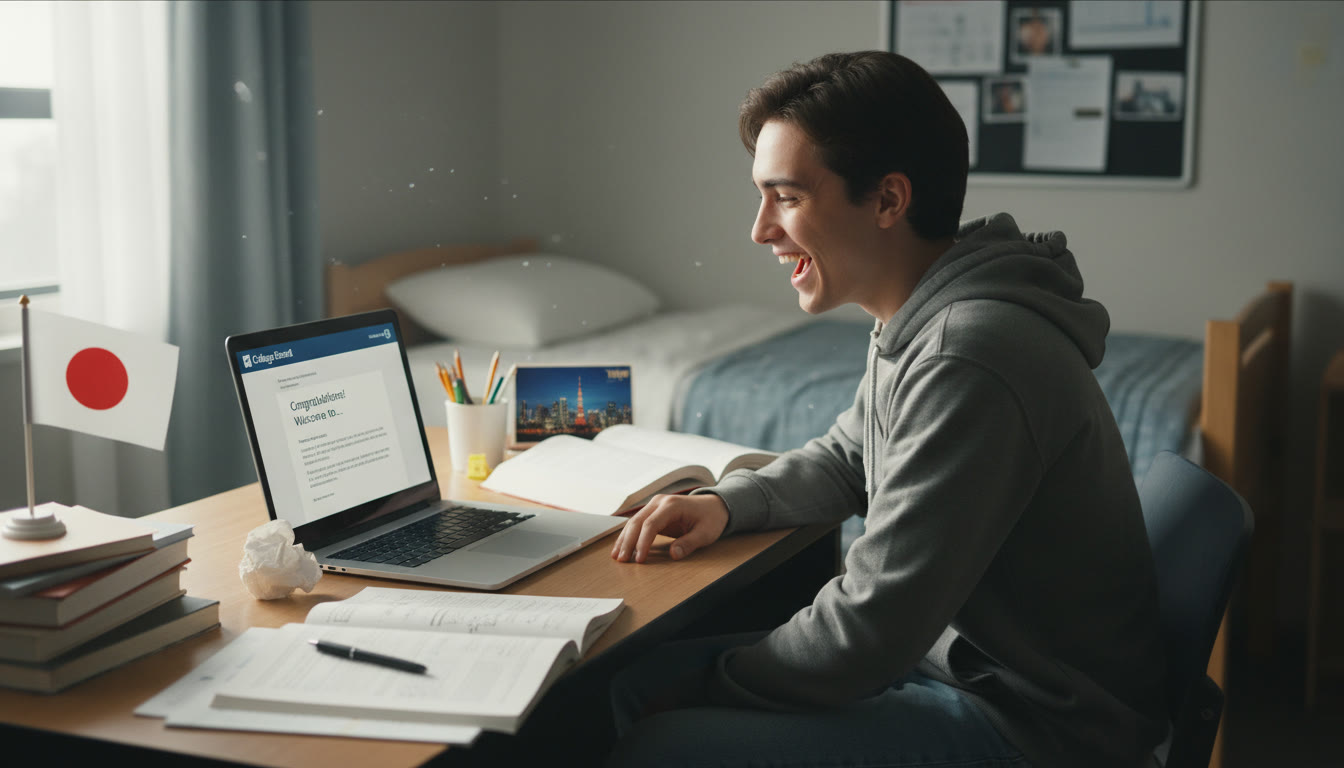 Photo Idea : A celebratory moment — a student reviewing an acceptance letter or email on a laptop, surrounded by notes and a small Japanese flag or Tokyo skyline postcard. Place this near the article's conclusion to evoke success and aspiration.