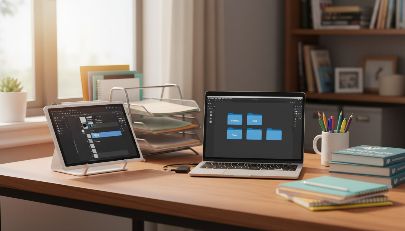 Photo Idea : A bright, cozy student workspace with a tablet, stylus, laptop, and an external hard drive. The image should feel friendly and organized—papers stacked neatly, folders on screen labeled 