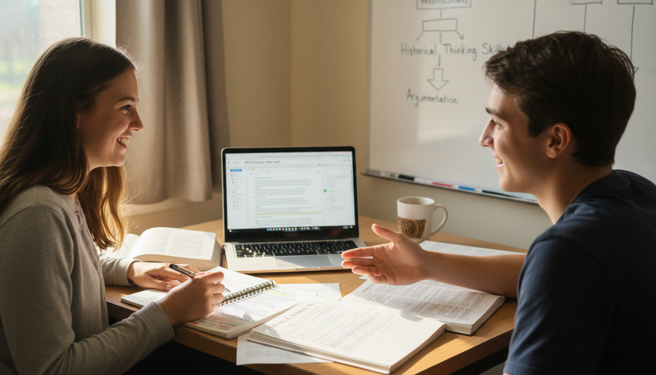 Photo Idea : A small group tutoring session with a student and tutor reviewing annotated documents and a laptop showing a written DBQ draft — conveys the benefit of guided practice and real-time feedback.