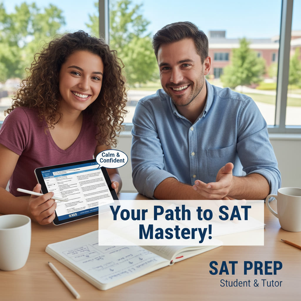 Student and tutor reviewing a practice test on a tablet, with the tutor offering guidance and a calm plan—suggesting personalized, supportive tutoring