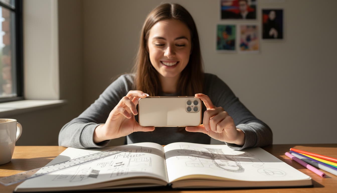 Photo Idea : A student at a sunlit desk photographing a sketchbook with a smartphone; neutral background and ruler visible for scale.