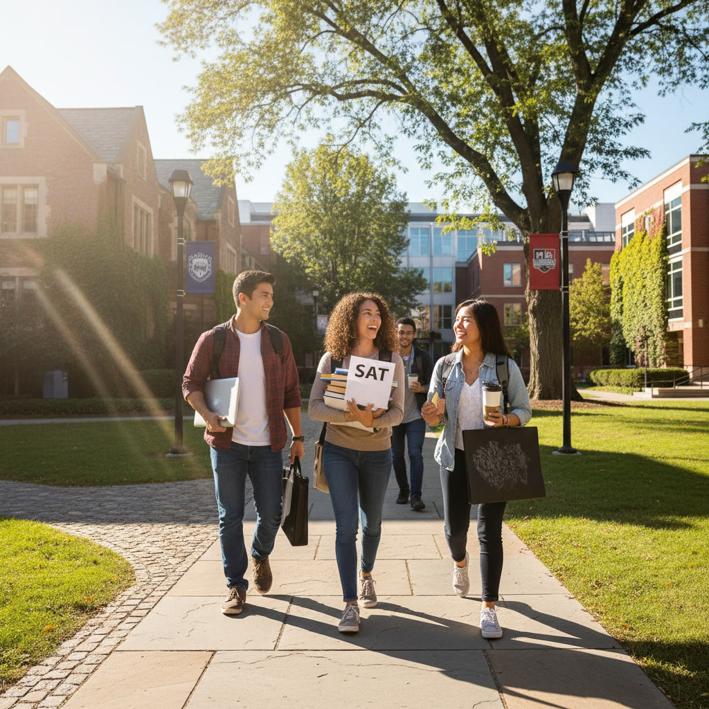 Photo Idea : A sunlit college quad with students walking between buildings, one student carrying a stack of paper labeled 'SAT' and another carrying a laptop and portfolio—conveying both test preparation and holistic application strengths.
