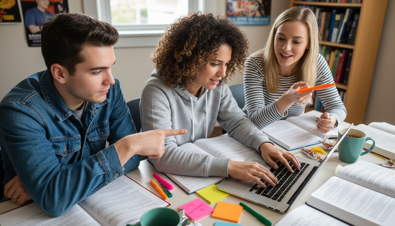 Photo Idea : A top-down photo of three students around a laptop, one typing in a shared Doc while two others point and discuss. Natural lighting, casual study setting, with sticky notes and highlighters visible.