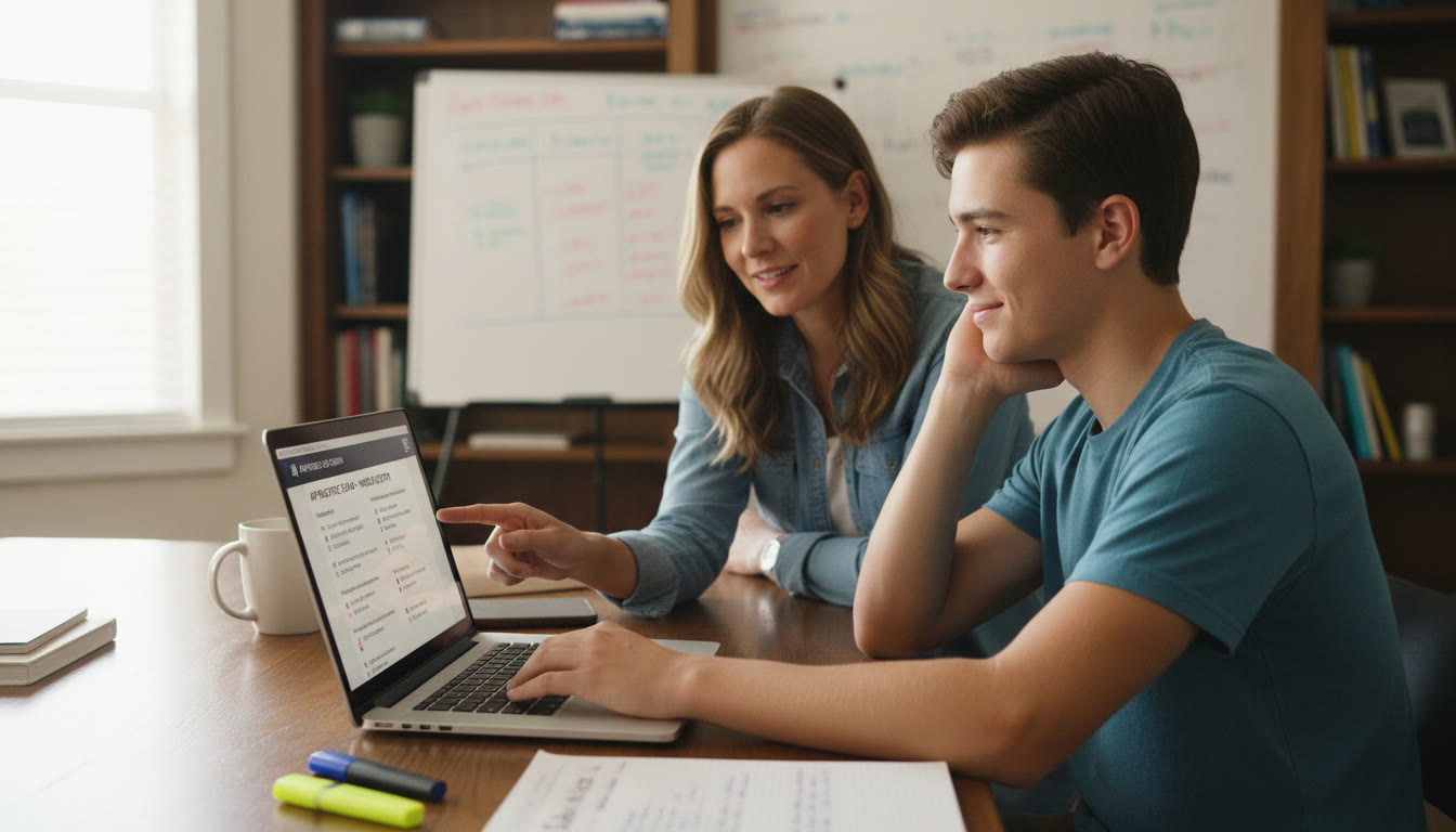 Photo Idea : A candid photo of a student taking a practice digital AP exam on a laptop, with a tutor or parent nearby pointing at the screen — communicates preparation, tech familiarity, and calm focus.