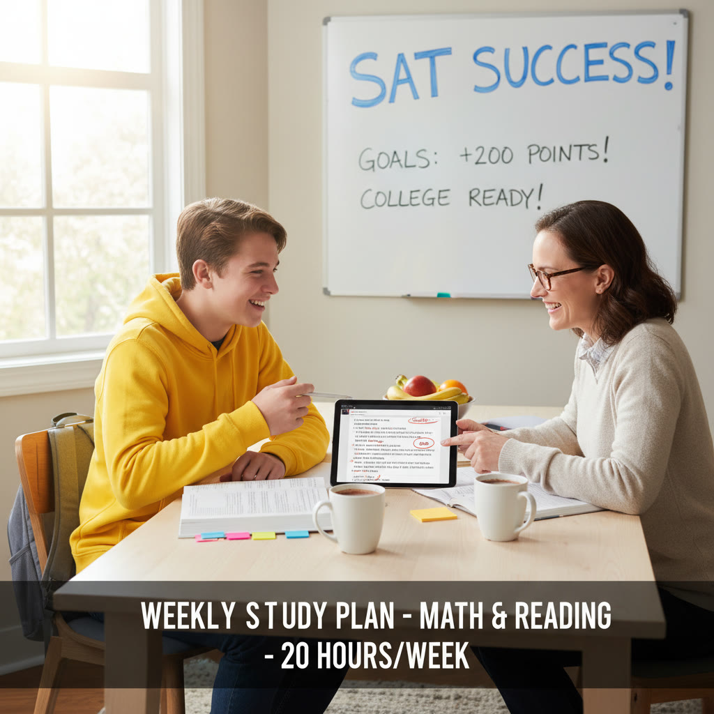 Photo idea: A tutor and student sitting across a table, reviewing an SAT passage together with a tablet displaying annotated errors and a weekly study plan.