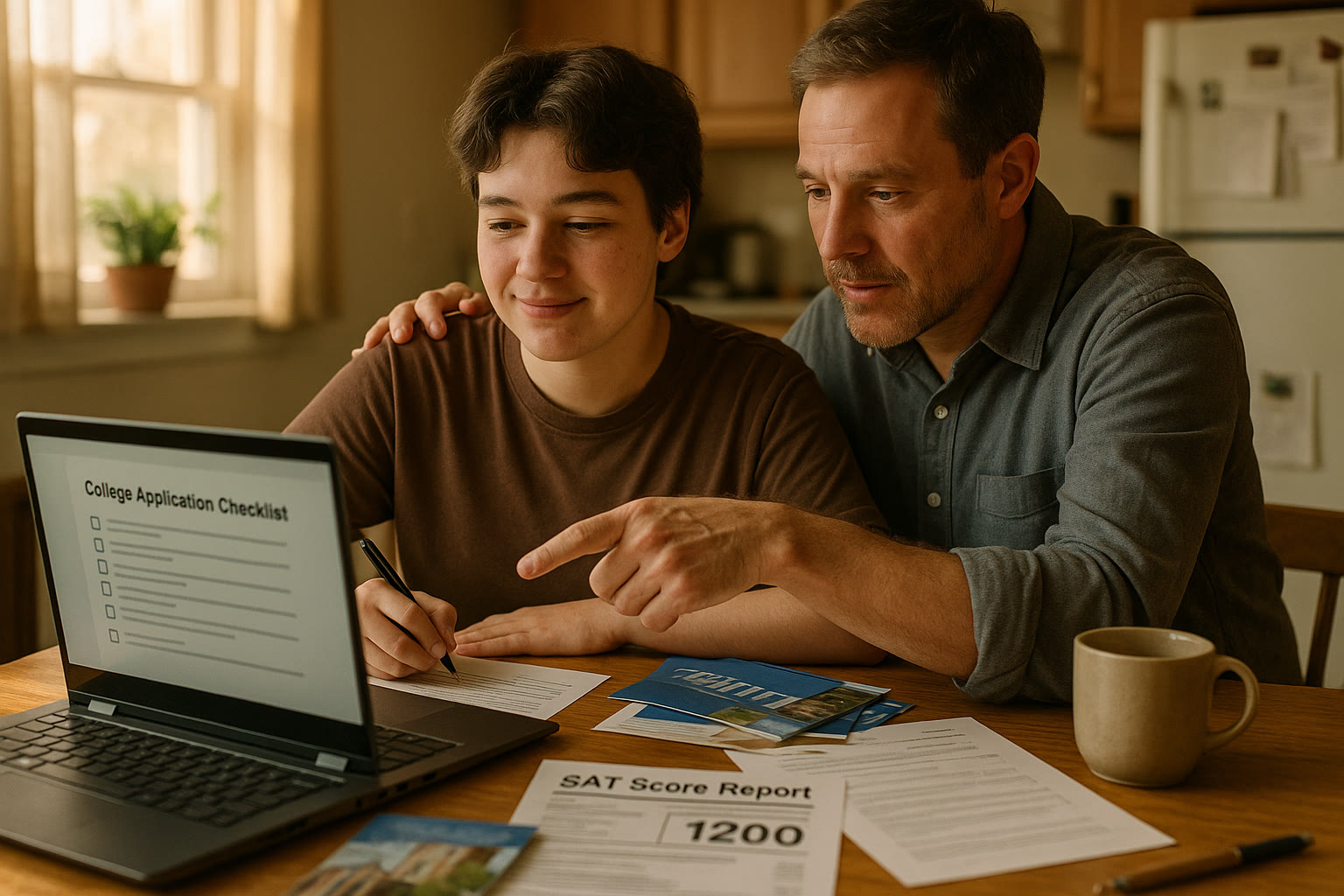 Photo Idea : A hopeful high school student and a parent sitting at a kitchen table with a laptop open to a college application checklist, papers scattered, and a printed SAT score report nearby.