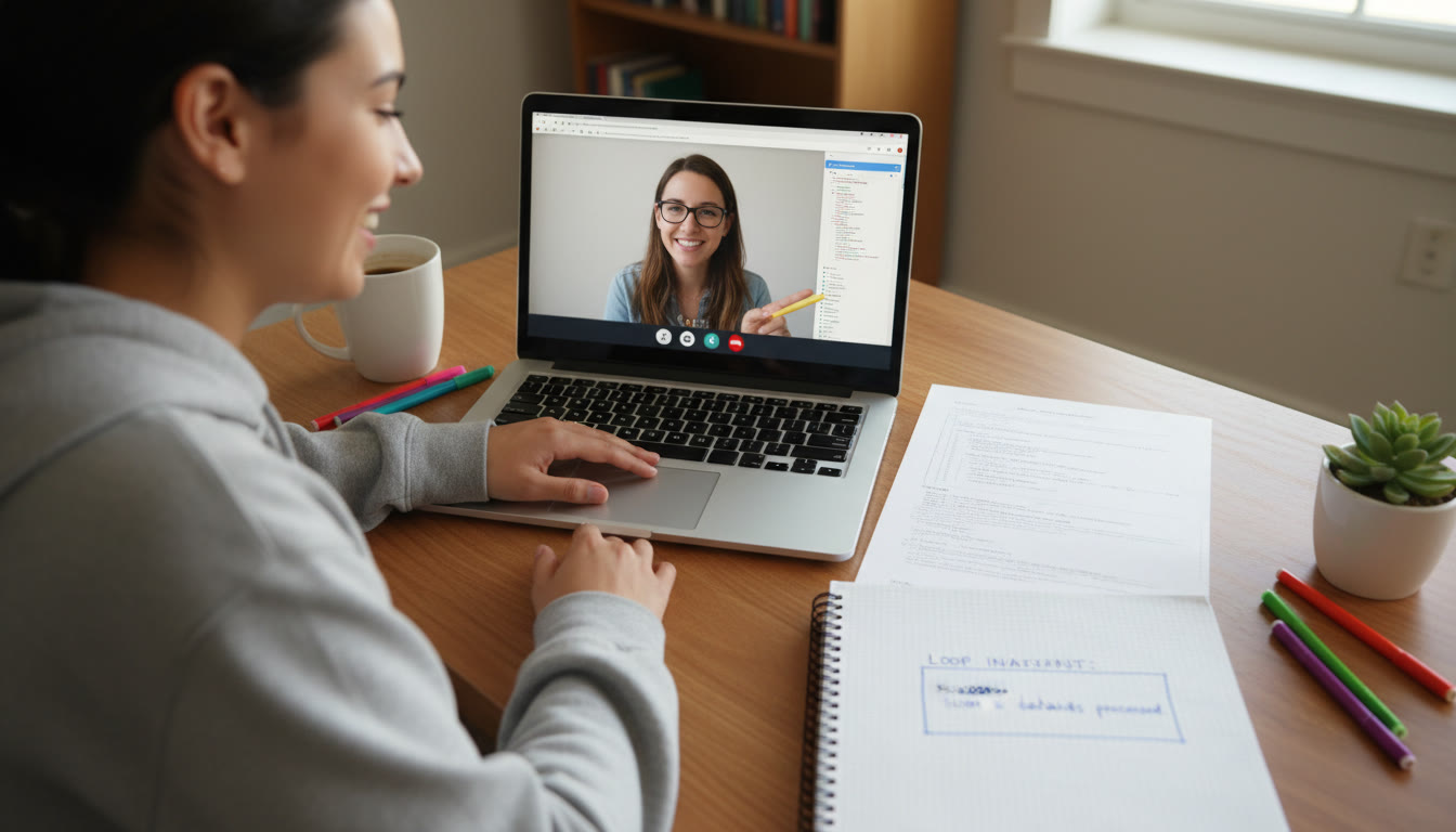 Photo Idea : A gentle overhead shot of a study session: a student on a laptop with a tutoring window open, a printed algorithm trace beside them, and a notebook where they’ve written an invariant. Captures how personalized tutoring and focused practice combine.