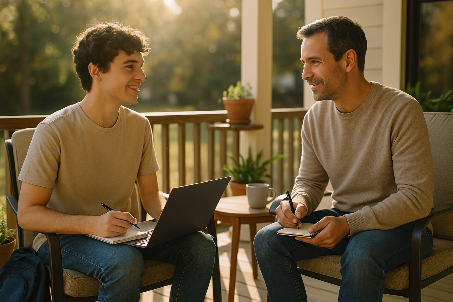 Photo Idea : A relaxed parent-student conversation on a sunlit porch — the student with a laptop and notebook, the parent listening and taking notes. The mood is calm and collaborative.