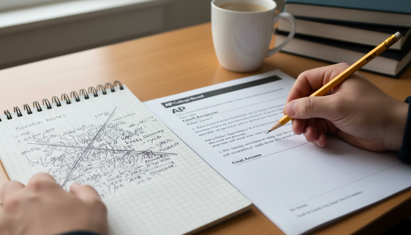 Photo Idea : A focused student crossing out scratch notes and neatly rewriting the final response in a booklet — close-up on hands, pencil, and tidy handwriting to illustrate the transfer step.