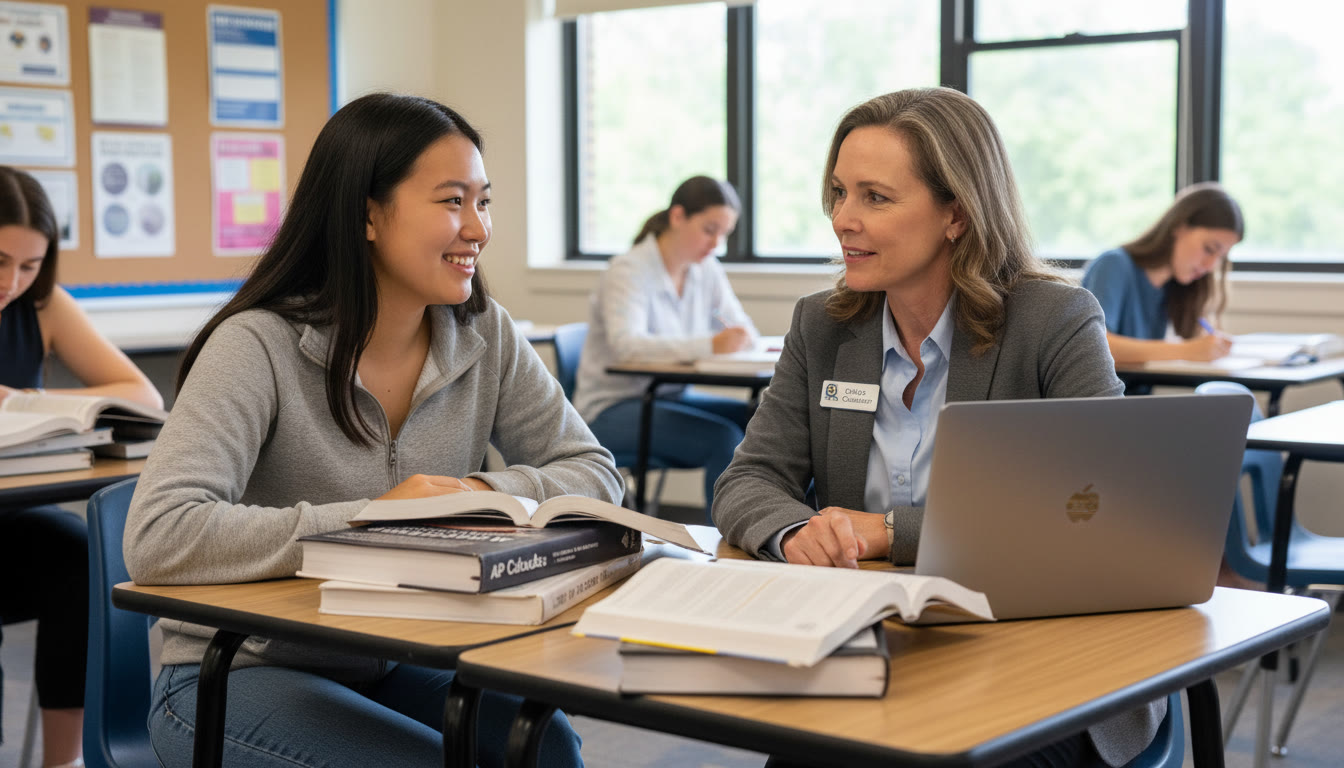 Photo Idea : A bright classroom scene showing a student at a desk with textbooks and a laptop, mid-conversation with a supportive teacher or counselor — conveys decision-making and guidance.