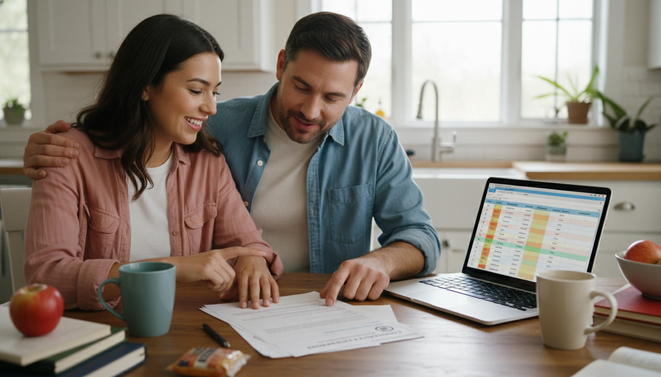 Photo Idea : A parent and student reviewing a printed AP credit evaluation letter together at a kitchen table, with a laptop open to the student’s spreadsheet — conveying collaboration and reassurance.