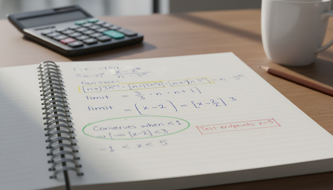 Photo Idea : Close-up of a studentโs notebook showing a worked-out Ratio Test for a power series, with highlighted steps and a color-coded final conclusion โ bright and educational.