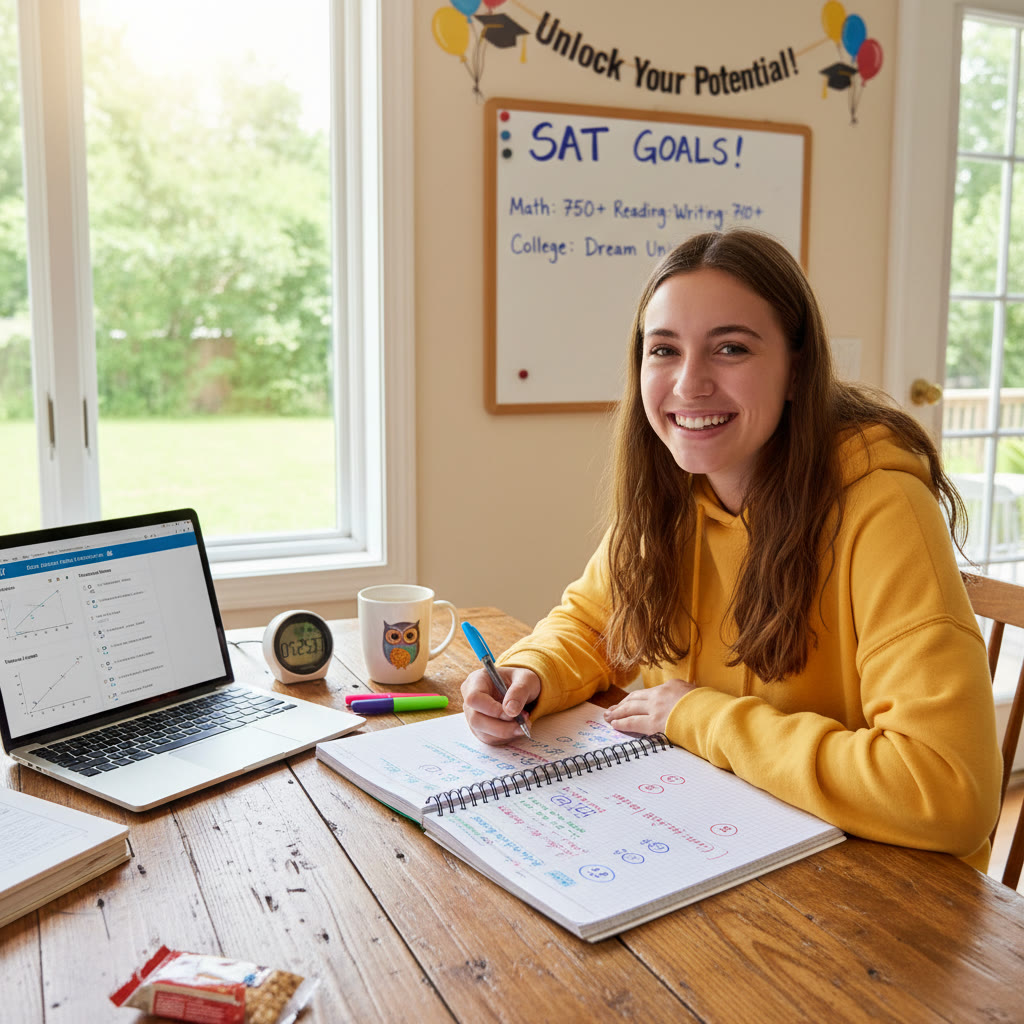 Student studying at a kitchen table with a notebook and laptop, showing a mix of practice questions, notes, and a timer on the side