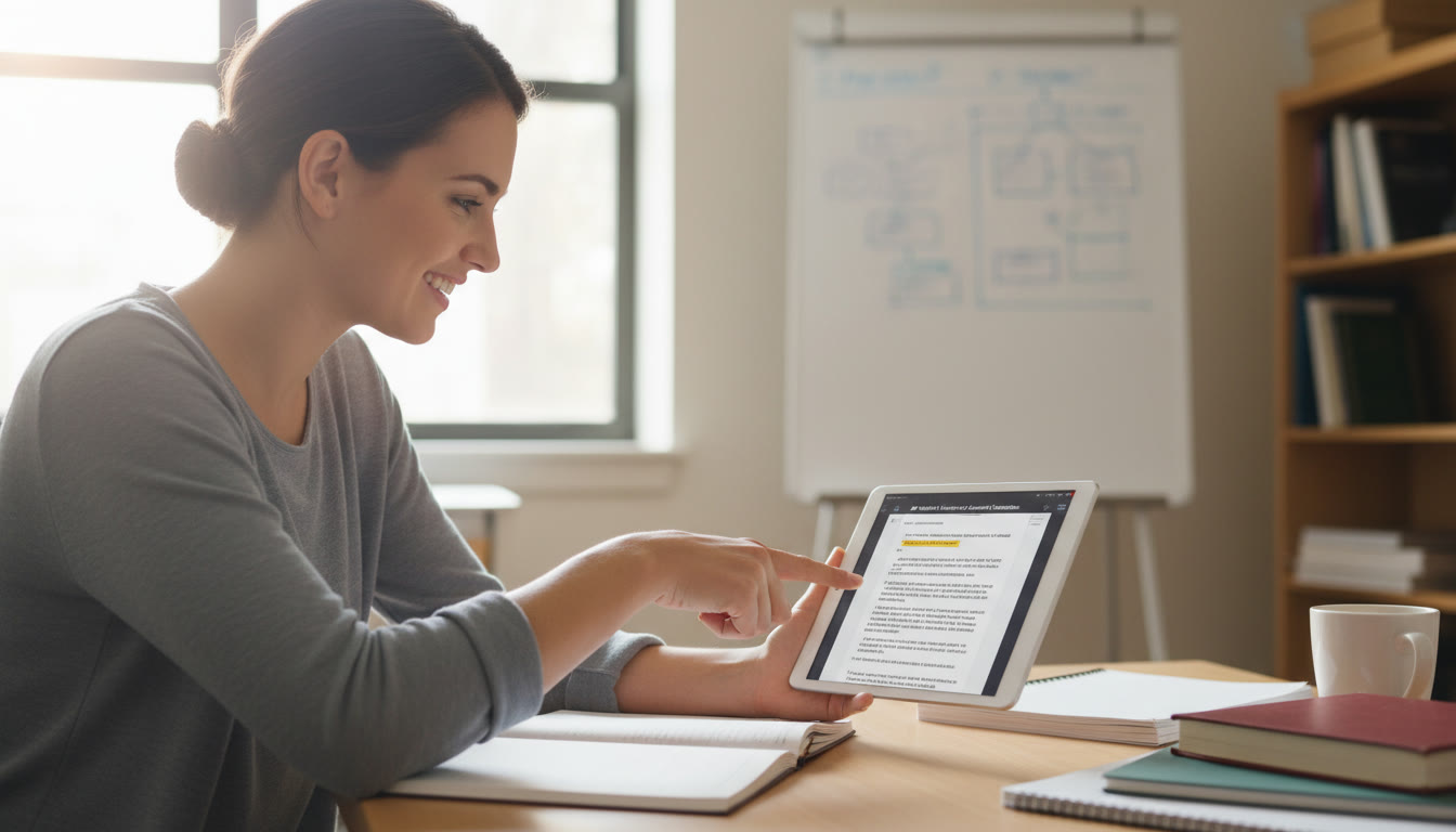 Photo Idea : A tutor and student at a desk, mid-conversation, pointing at an essay on a tablet—captures personalized tutoring, collaborative energy, and concentrated revision.