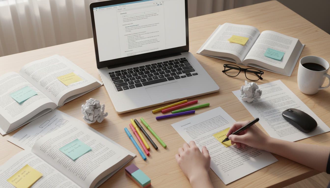 Photo Idea : A high-angle shot of a student’s desk during exam prep — colored pens, sticky notes on source pages, and a laptop with a thesis draft. This should appear near the top to visually anchor the annotation process.