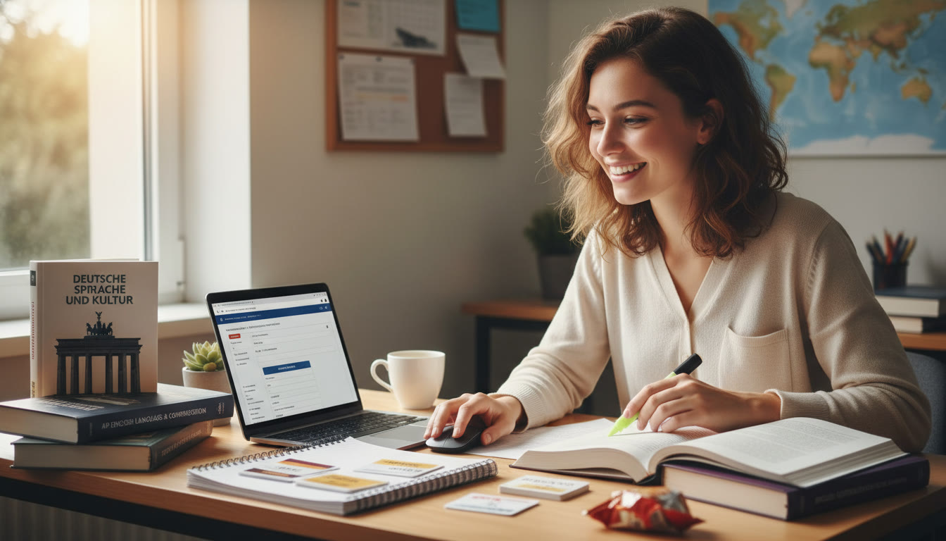 Photo Idea : A student at a desk with both German and English textbooks, AP exam prep materials, and a laptop showing application forms — suggests planning and bilingual preparation.