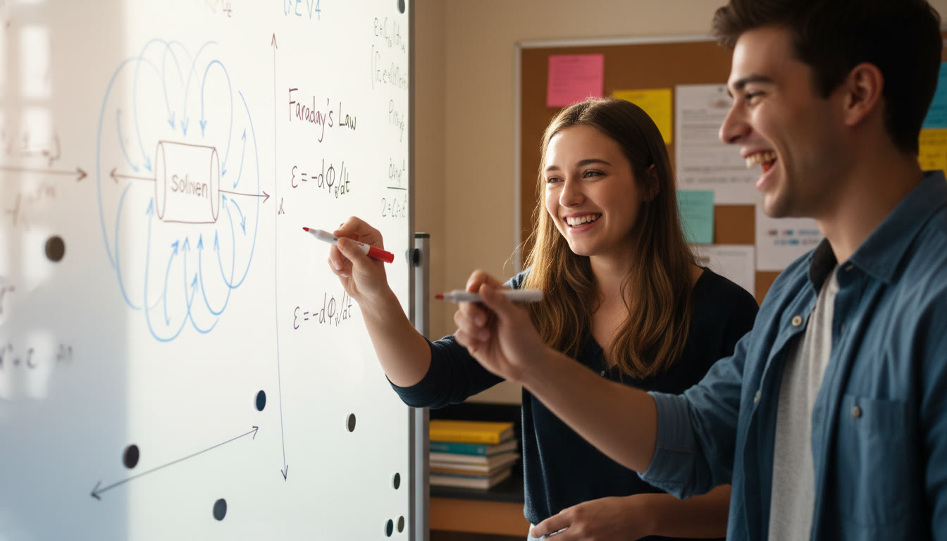 Photo Idea : Close-up of two students at a whiteboard sketching magnetic field lines around a solenoid and writing Faraday’s equation, energy and collaboration visible; high contrast to show motion.
