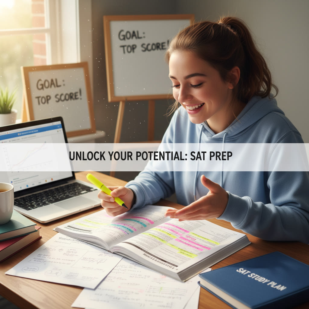 Student at a desk reviewing a practice SAT test with highlighters and notes—close-up showing active study habits.