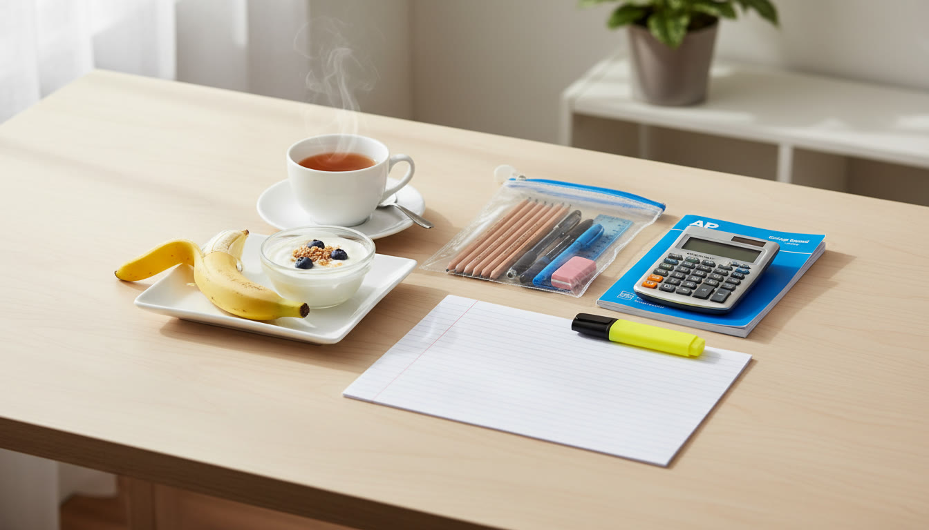 Photo Idea : A compact flat lay showing a small cup of tea, a simple breakfast (banana and yogurt), and a neatly organized exam materials kit — evoking a composed, prepared student ready for test day.