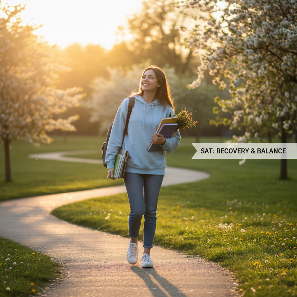 Relaxing scene of a student walking through a park at sunset, representing recovery and balance during test prep.