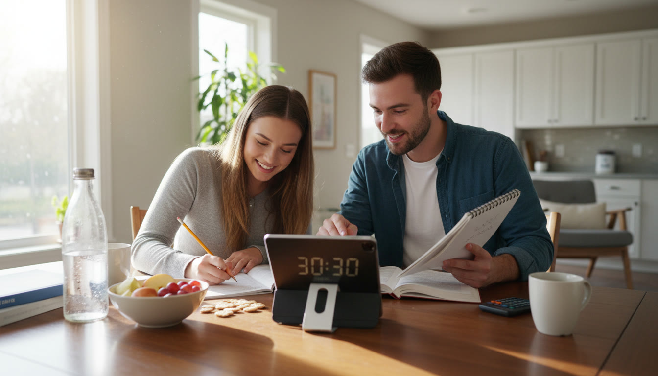 Photo Idea : A student and a tutor (Sparkl-branded notebook visible subtly) at a kitchen table doing a timed practice with healthy snacks and a water bottle nearby—warm, focused atmosphere.