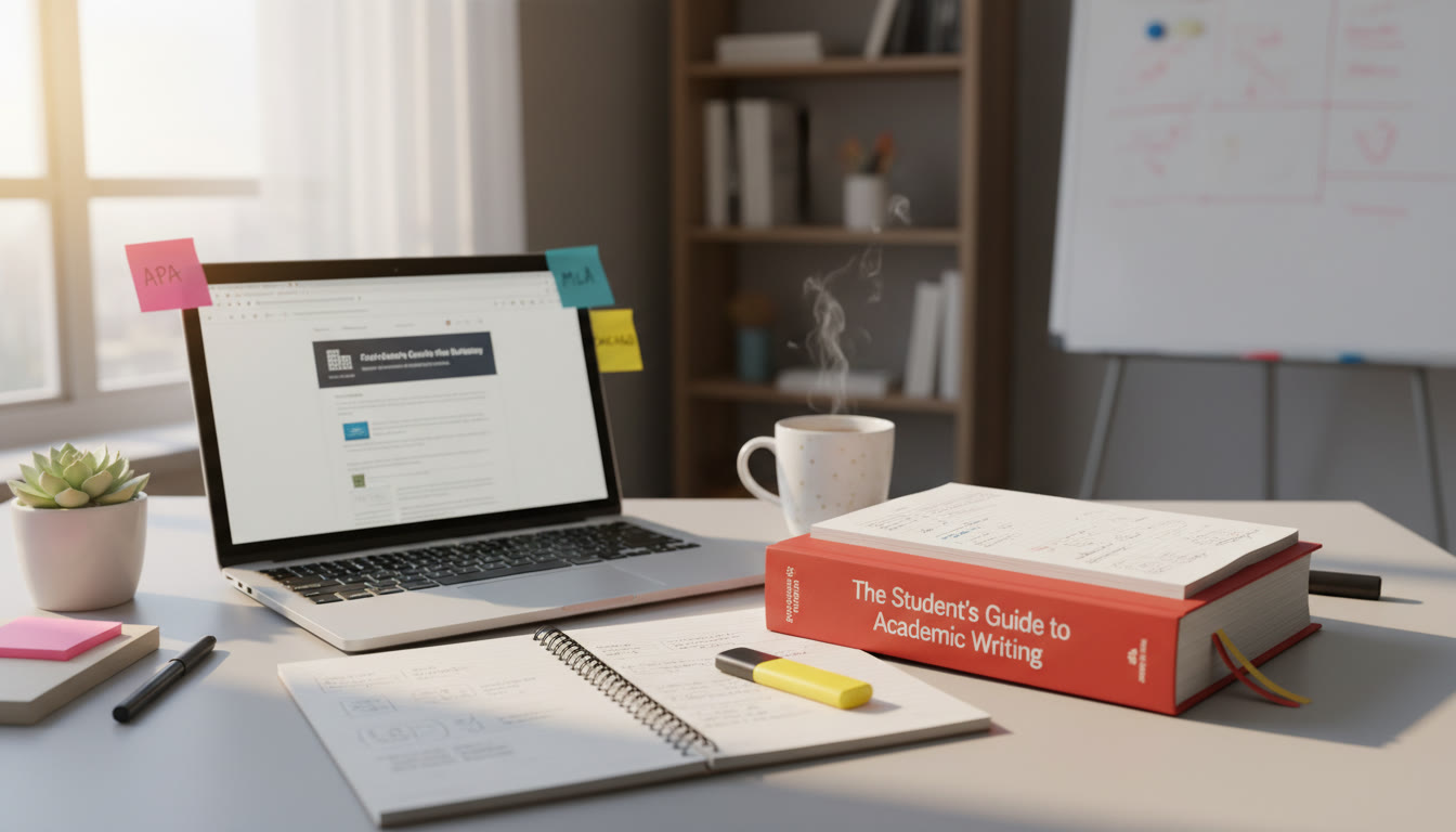 Photo Idea : A tidy study desk with a laptop, open style guide, sticky notes labeled APA/MLA/Chicago, and a highlighter — warm natural light to evoke calm, organized study vibes.