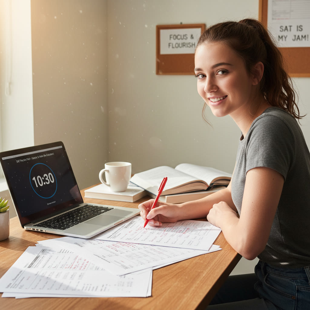 Photo idea: Student at a desk with practice test pages and a laptop, highlighting corrections in a red pen—shows focused, active study.