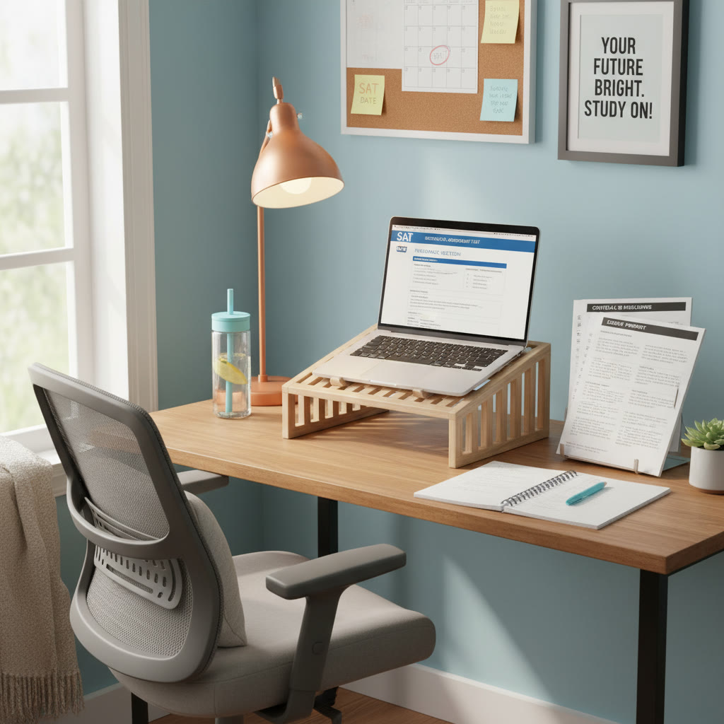 Photo idea: A cozy study corner with a desk lamp, laptop on a stand, printed SAT practice passages, and a water bottle — showing an ergonomically friendly setup and varied study materials.
