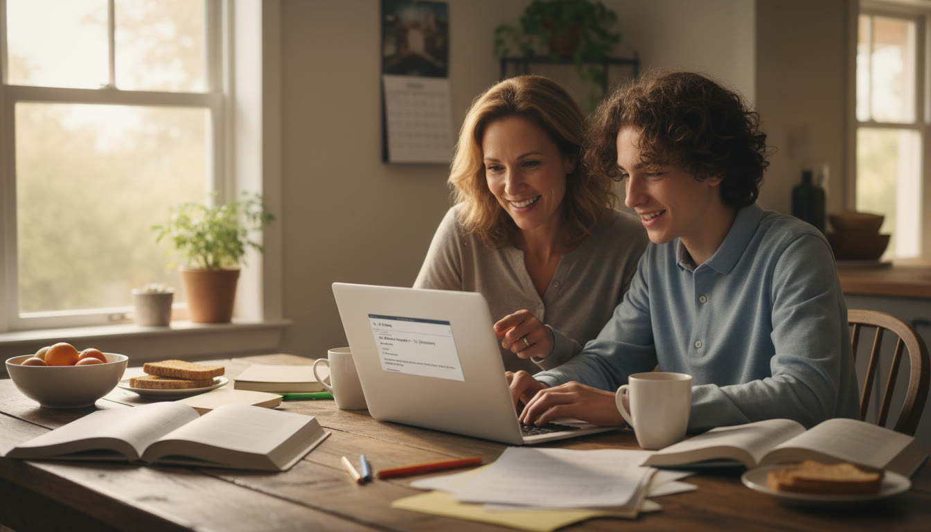 Photo Idea : A warm, natural photo of a parent and teen sitting at a kitchen table with a laptop, writing an email together. Natural light, calm vibe, showing collaboration.