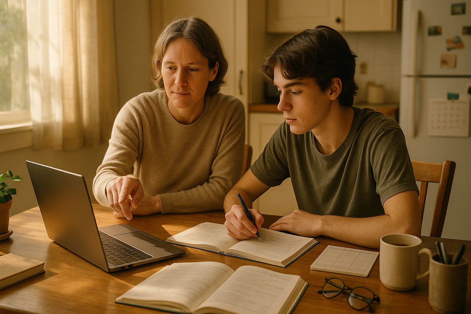 Photo Idea : A calm parent and teen sitting at the kitchen table with a laptop open, calendars and practice books visible — warm morning light, relaxed yet focused atmosphere.