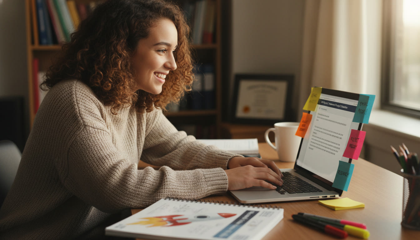 Photo Idea : A warm, candid photo of a student at a laptop composing an email, with sticky notes and an AP study guide nearby—captures the moment of reaching out with purpose.