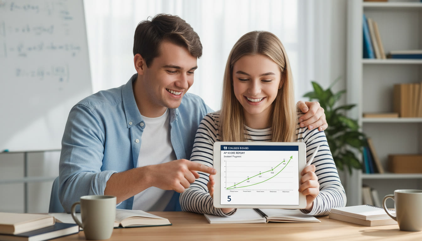 Photo Idea : A tutor and student sitting side-by-side reviewing a score report on a tablet, with a chart of progress visible — suggests supportive, personalized tutoring in action.