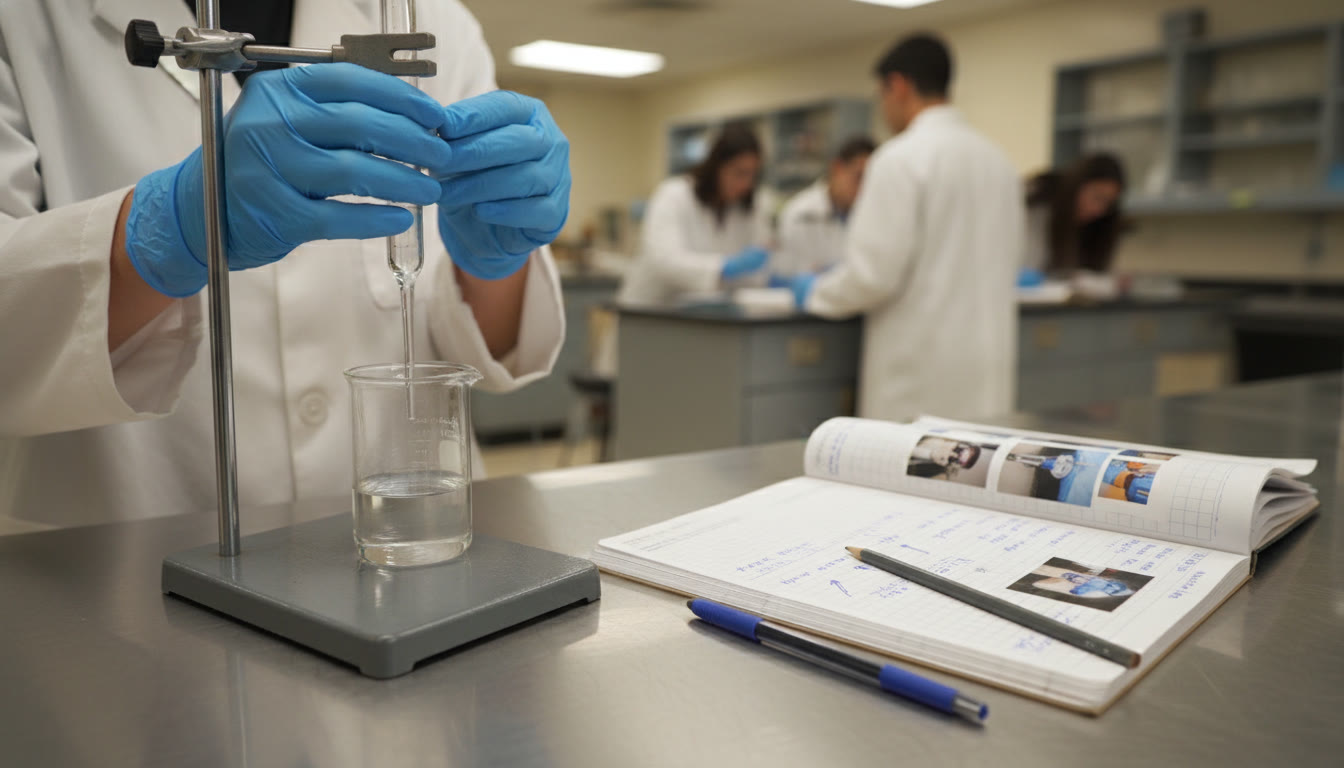 Photo Idea : A clean, well-lit close-up of a student’s gloved hands adjusting lab apparatus with a notebook beside them—ideal for a section about documenting results and annotating images for AP reports.