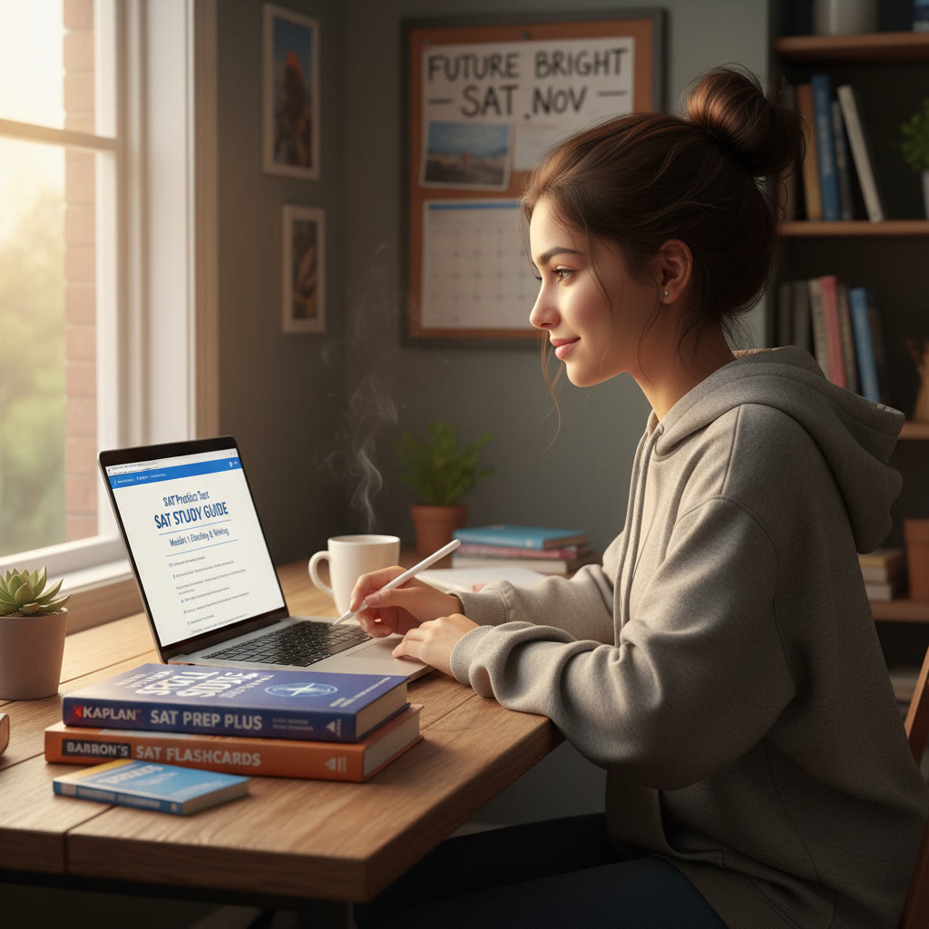 Photo Idea : A focused student at a desk in warm light, working on a laptop with SAT prep books beside them — capturing determination and calm preparation.