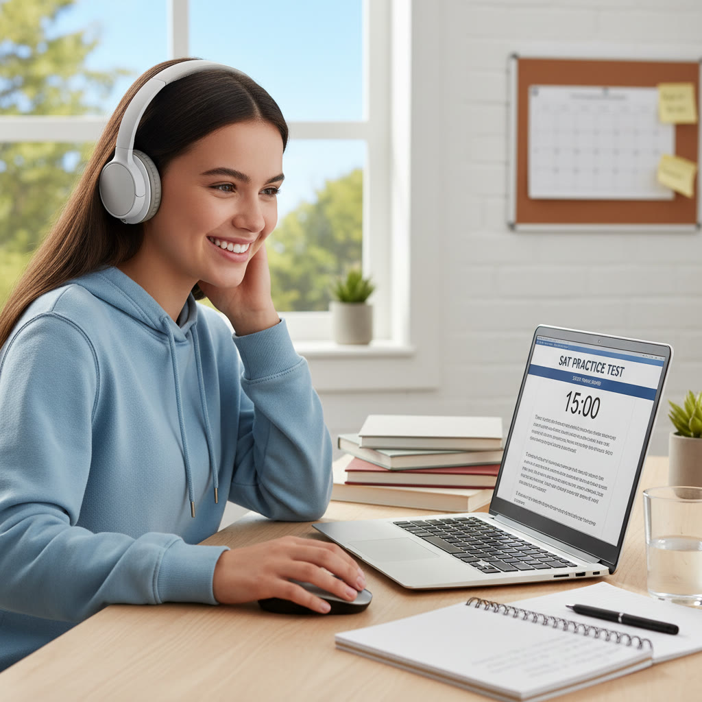 Student using a laptop for a timed practice SAT section, showing focus and a clean workspace