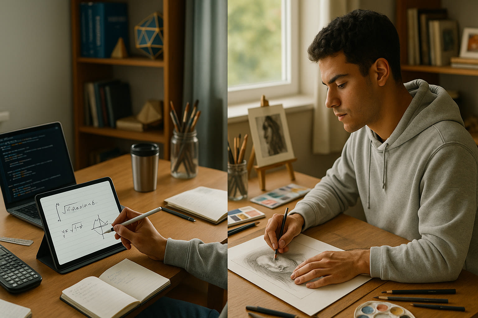 Photo Idea : A split-scene image showing a student on the left solving a math problem on a tablet and on the right sketching an art piece — representing the dual paths of STEM and Arts applications.