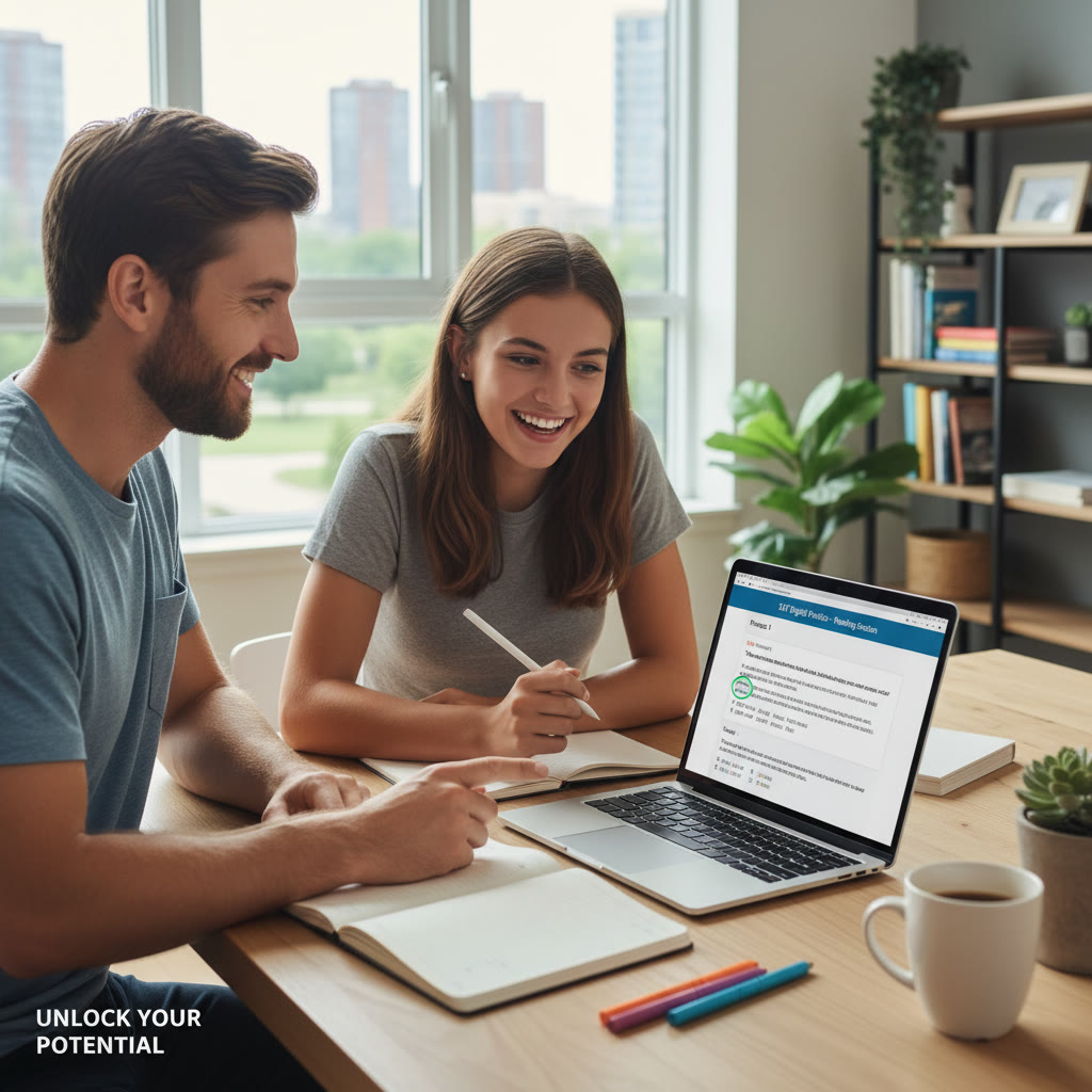 Photo Idea : A tutor and student in a modern study space, laptop open to a digital SAT practice section, tutor pointing to a screen — collaborative and upbeat.