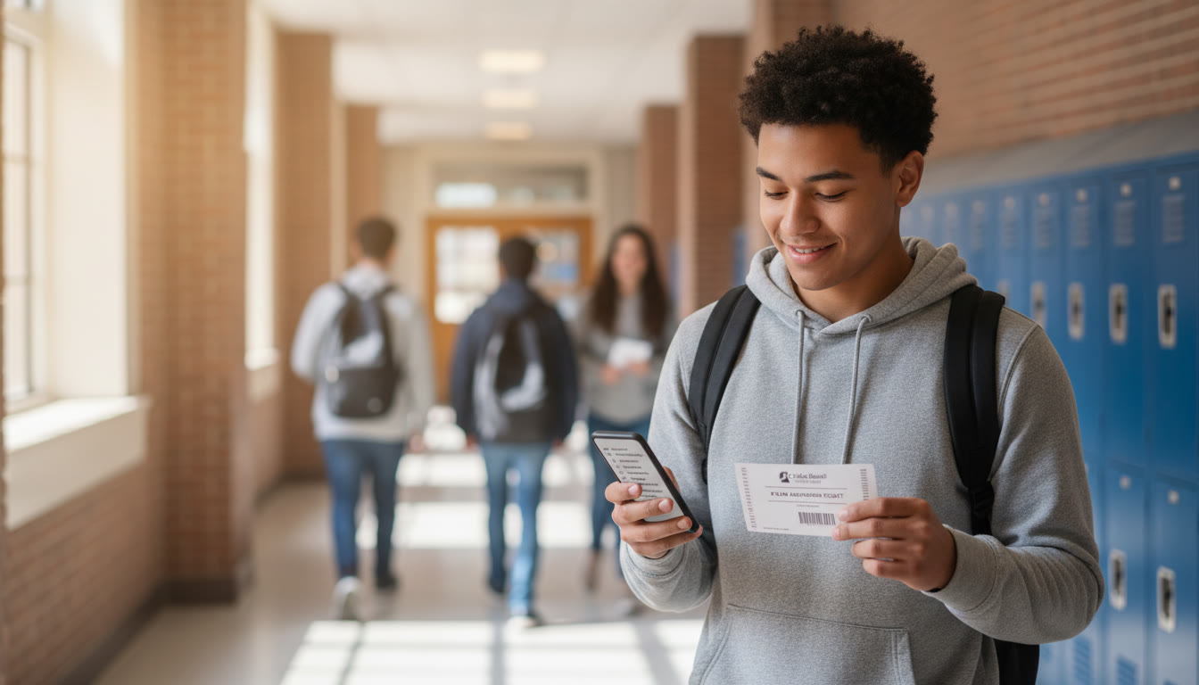 Photo Idea : A calm student at a school hallway checking a small checklist on their phone with an AP exam ticket in hand; soft natural light, conveys quiet confidence and preparation.