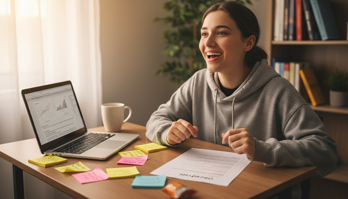 Photo Idea : A student at a small desk with sticky notes, a laptop, and a printed outline labeled