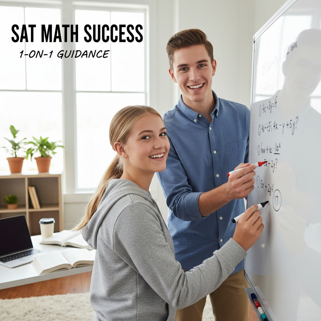 A tutor and student reviewing an SAT math problem together on a whiteboard, illustrating 1-on-1 guidance and tailored feedback in action.