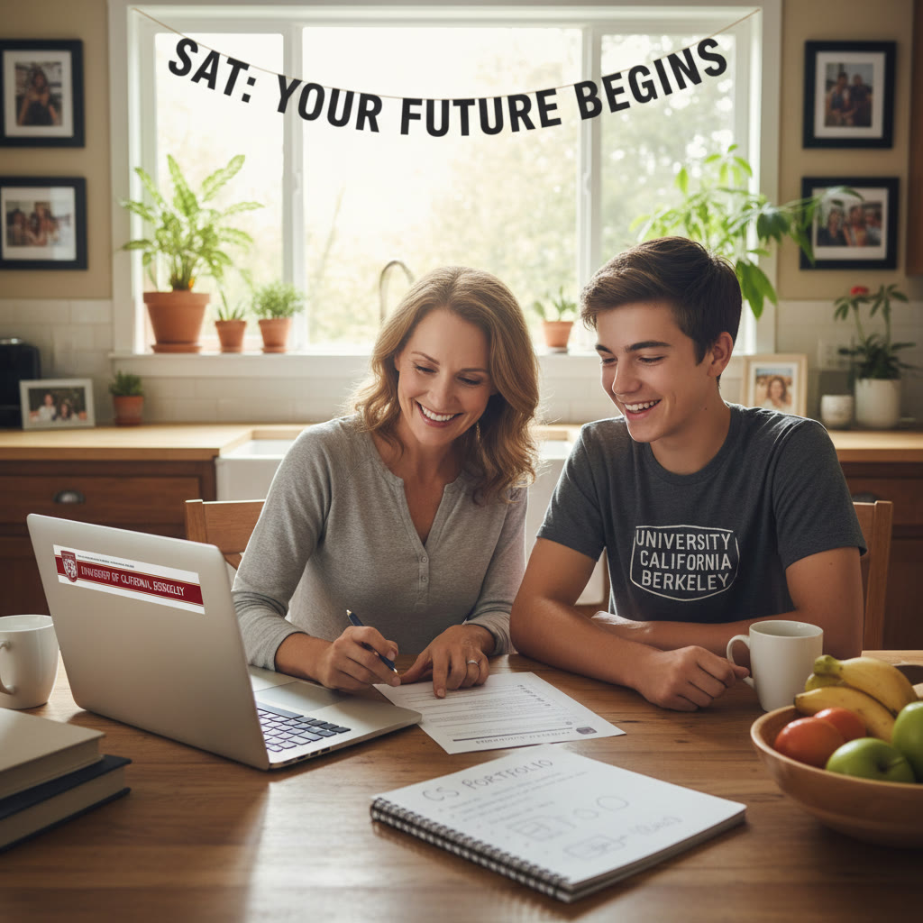 Photo Idea : A parent and student reviewing a college application checklist at a kitchen table, with a laptop open to a college profile and a notebook titled