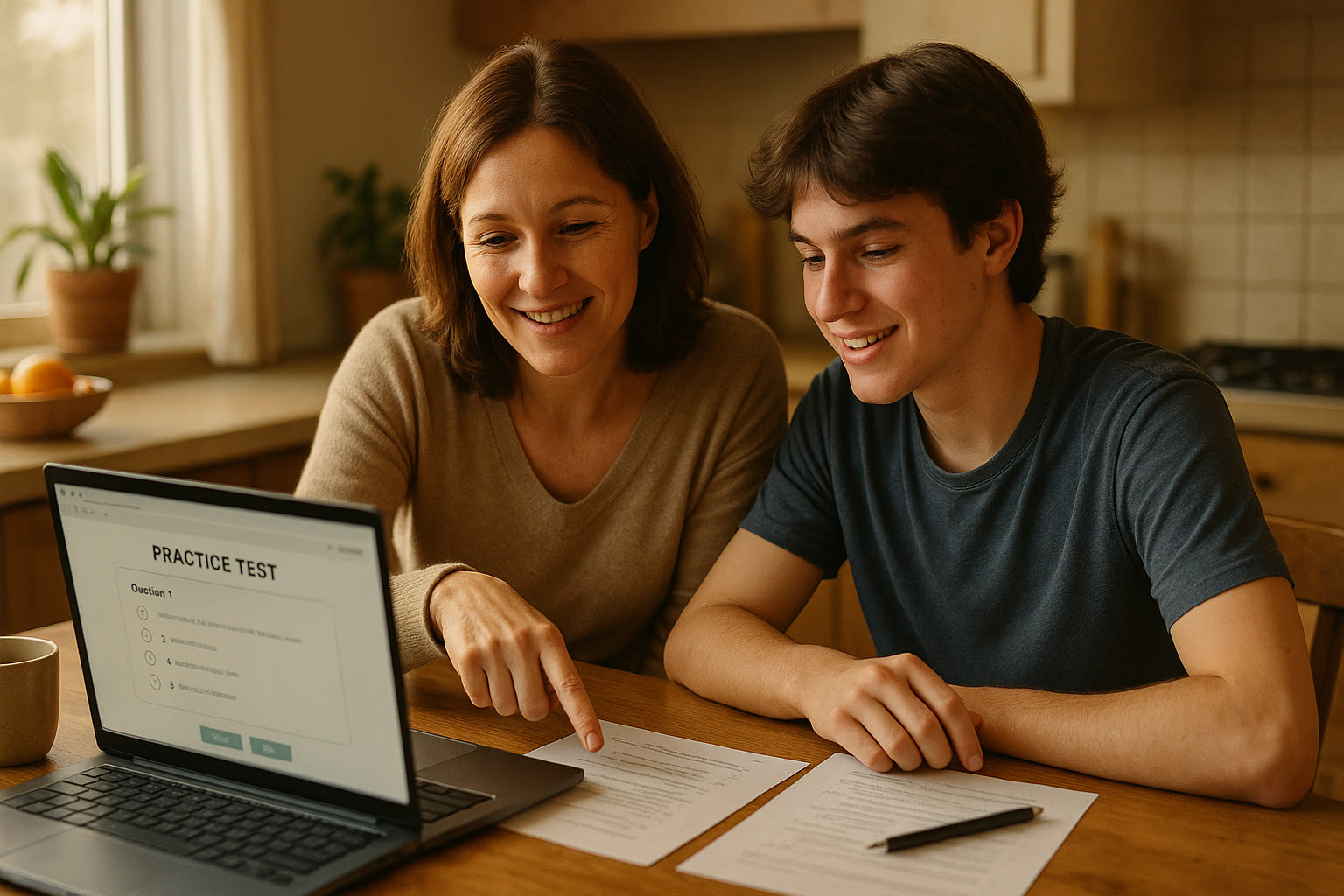 Photo Idea : A warm, candid photo of a parent and teen at a kitchen table, reviewing practice questions together with a laptop open to a practice test. The mood is relaxed and supportive, not tense.