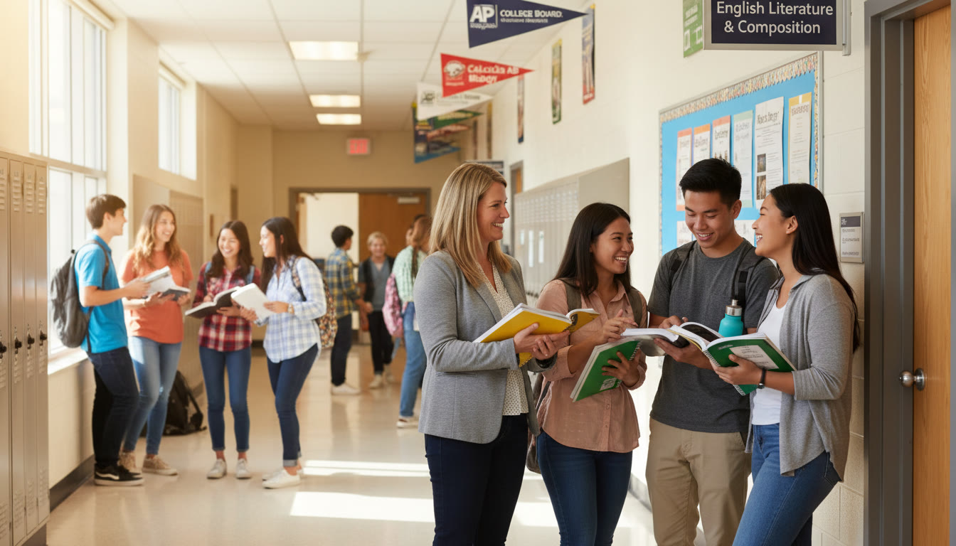 Photo Idea : A lively shot of a high school hallway with students talking to a teacher outside a classroom, notebooks in hand—captures community and mentorship.