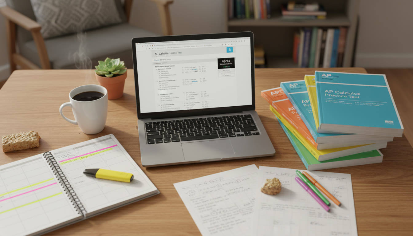 Photo Idea : A warm overhead shot of a kitchen table: a laptop showing practice questions, a stack of brightly colored printed practice tests, a planner with a highlighter, and a cup of coffee. The image evokes a balanced digital-and-print study environment.