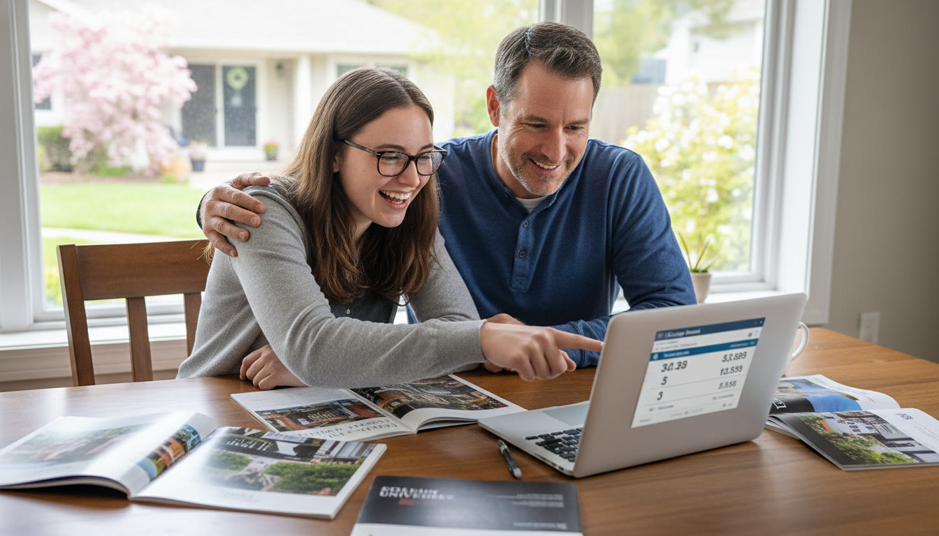 Photo Idea : A cheerful high school student and parent reviewing a College Board score report on a laptop, with college brochures on the table—captures planning and teamwork.