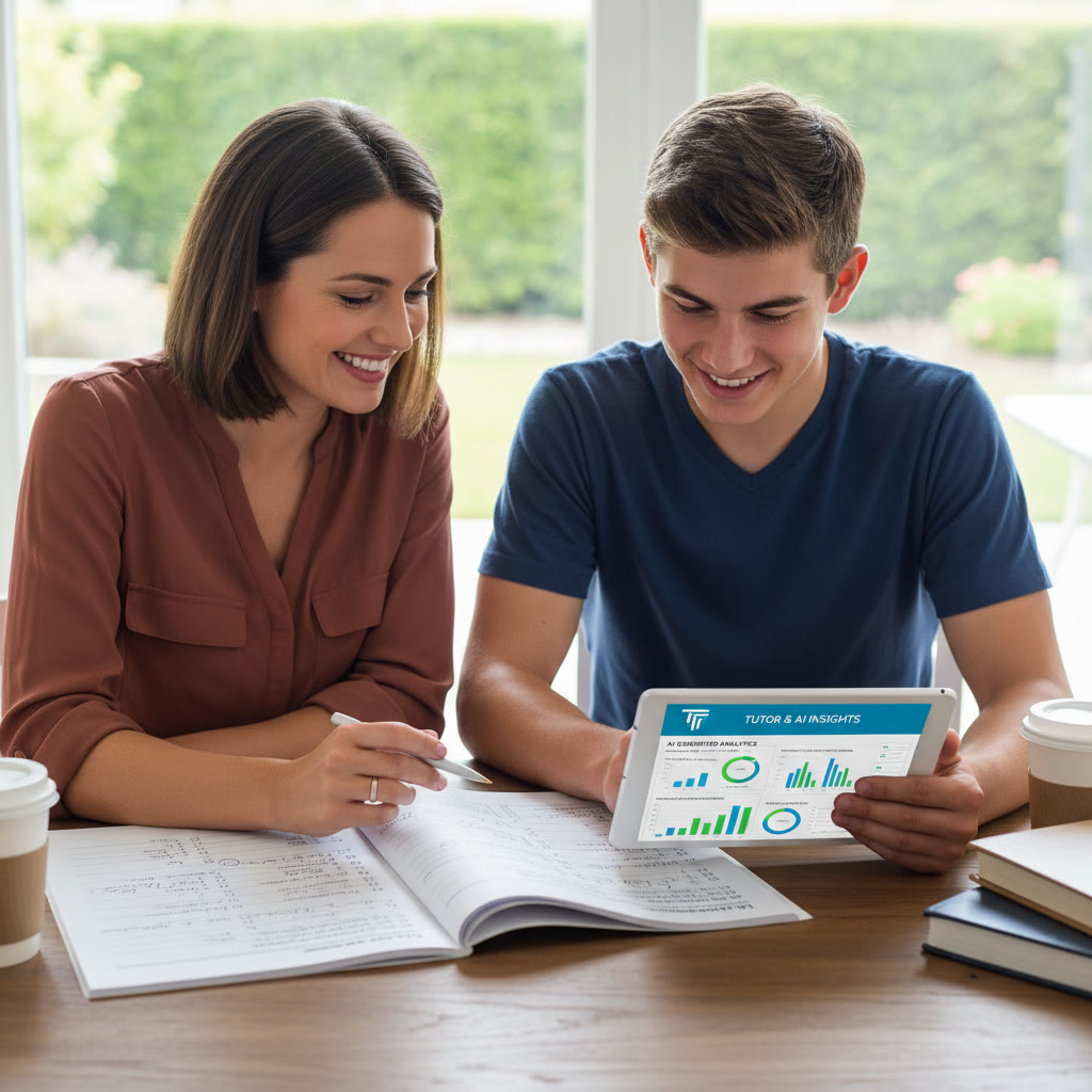 Tutor and student reviewing a printed practice test together with a tablet showing AI-generated analytics—image should convey collaboration between human guidance and AI insights.